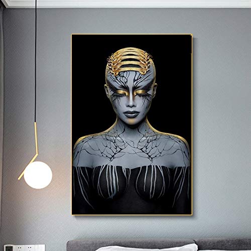 BailongXiao Tatuaje de Calavera de Mujer de Oro Negro sobre Lienzo Maquillaje Arte de Pared de Dormitorio para Carteles e Impresiones，Pintura sin Marco，80x120cm