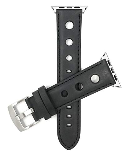 Bandini Correa de repuesto de cuero para Apple Watch, compatible con Apple Watch Series 5, 4, 3, 2, 1 y iWatch – 3 agujeros Rally – Conector negro/plateado – 42 mm/44 mm