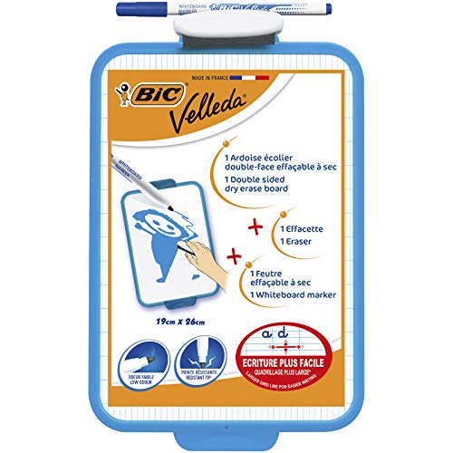 BIC Velleda Pizarra Blanca de Borrado en Seco de doble Cara (19x26cm) con Marcador Azul y Borrador – Bolsa de 1