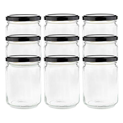 Botes Cristal con Tapa Negra hermética para conservas Pack de 9 Unidades de 445Ml Libre BPA. para conservas, contendor Alimentos, Botes para Velas