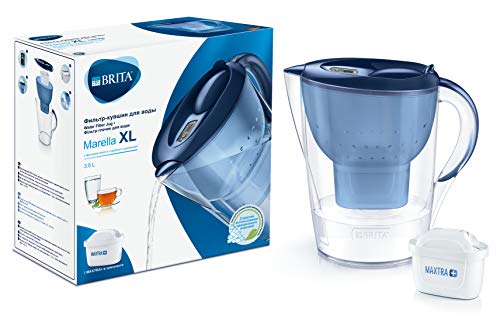 BRITA Marella azul XL – Jarra de Agua Filtrada con 1 cartucho MAXTRA+, Filtro de agua BRITA que reduce la cal y el cloro, Agua filtrada para un sabor óptimo, 3.5L