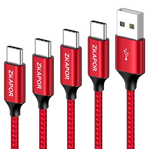 Cable USB Tipo C, ZKAPOR [4Pack 0.3M 1M 2M 3M] Cargador Tipo C Carga Rápida y Sincronización Cable USB C para Galaxy S10/S9/S8 Plus Note9, Xiaomi Mi A2/A1, Huawei P30/P20/Mate20, Xperia XZ, LG G7 Rojo