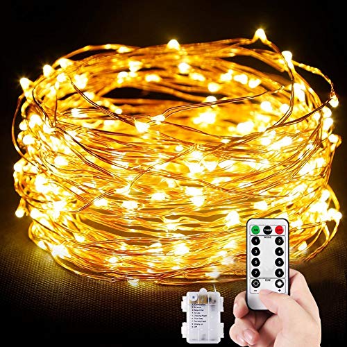 Cadena de Luces 10M 100 LED Guirnalda de Luces Cálida Impermeable con Control Remoto Alambre de Cobre de 8 Modos de Luz para Lluminación DIY Navidad Decoración Fiesta Jardín Boda (Amarillo cálido)