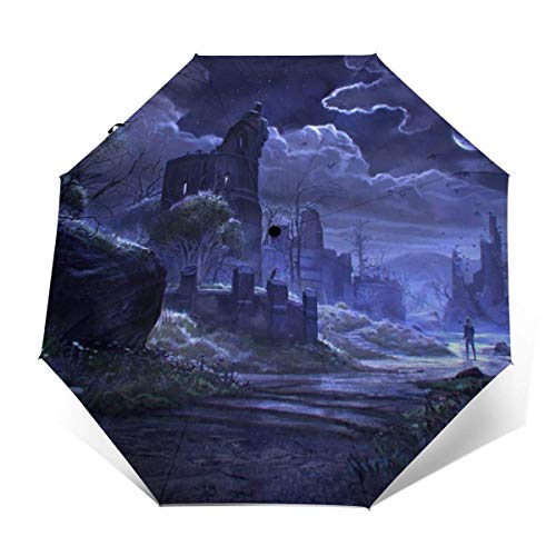 Castillo de Halloween con luna llena, para viajes, sol y lluvia, paraguas resistente al viento, ligero, portátil, compacto, viaje, plegable, paraguas de golf para mujeres, hombres y niños