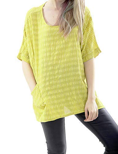 CelebLook R65 Celebmodelook Mujer Nuevo Lagenlook Italiano Algodón de Rayas Top Túnica Tallas Grandes Vestido - Amarillo, 3XL (GB 24-26)