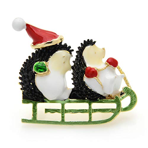 CLEARNICE Broche De Dos Erizos con Sombrero De Navidad, Guante Verde, Trineo Sentado, Broches De Animales Bonitos, Alfileres, Regalo De Año Nuevo