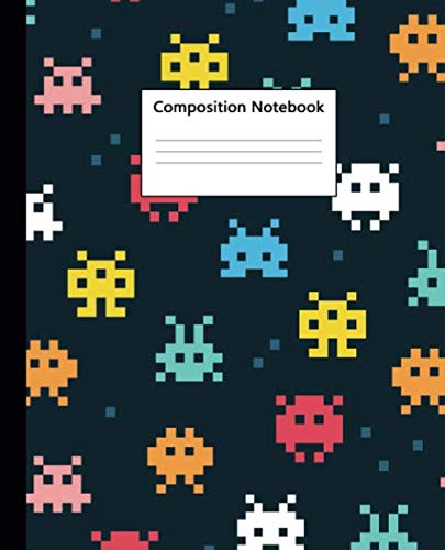 Composition Notebook: Cool Wide Ruled Paper Notebook & Journal | Blank Wide Lined Diary for Writing, Notes and Brilliant Ideas | Pixel Space Invaders Pattern for Boys