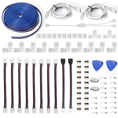 Conectores de tira de luz LED de 10 mm, 4 pines, incluye 12 conectores de luz LED sin soldadura, proporciona la mayoría de piezas para hacerlo tú mismo (5 m)