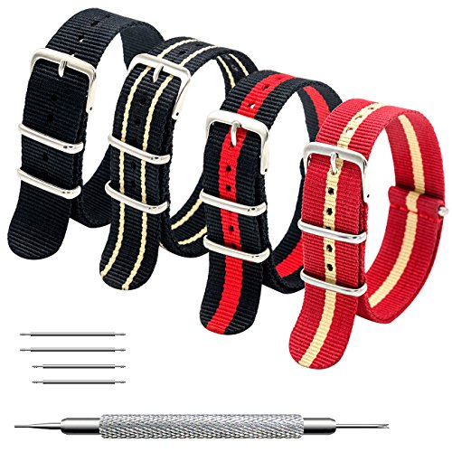 Correas de Nylon NATO Paquete de 4 18mm 20mm 22mm Balístico Zulu Correa para Reloj Hebilla de Acero Inoxidable (20mm, Black+Black Khaki+Red Khaki+Black Crimson)