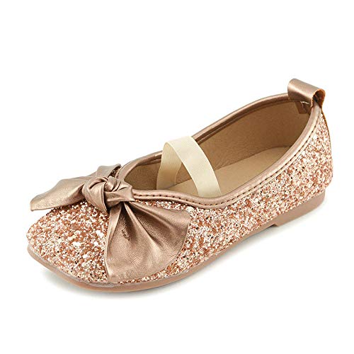 CTDMMJ Zapatos de Cuero para niñas de otoño con Lentejuelas, Suela Suave, Bowknot, Zapatos Individuales para niños-Dorado_Aproximadamente 18,7 cm en 30 Yardas