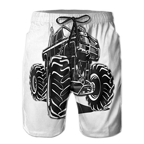 DHNKW Swimming Shorts Funny Printed,Modified Automobile Monochrome Sketch Pattern Monster Pickup Truck Off Road Vehicle,Quick Dry Beach Board Trunks with Mesh Lining,Medium