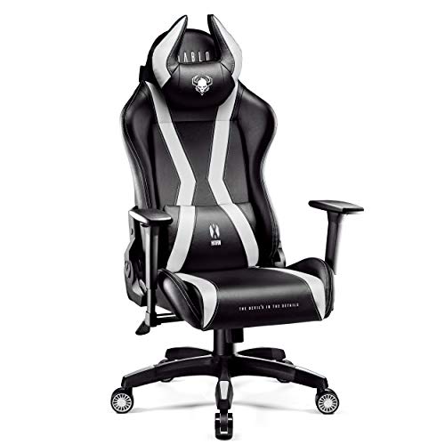 Diablo X-Horn Silla Gaming Oficina Gamer Apoyabrazos 3D Cojín Ajustable Diseño Ergonómico Cuero Sintético Función de Inclinación (Negro-Blanco, XL)