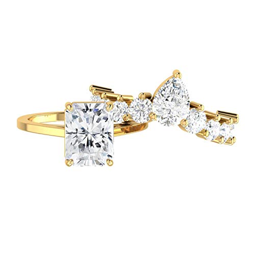 Diamondrensu Anillo solitario de moissanita radiante de 4,35 quilates con tiara de boda, juego de boda, juego de novia, oro amarillo de 14 quilates, tamaño del anillo 5.75 EE.UU.