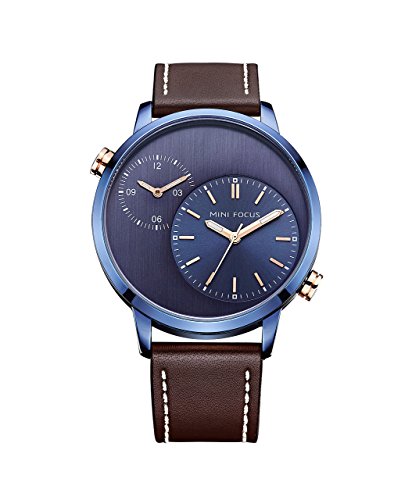 Doble Huso horario Superiores única Esfera Azul Correa de Cuero Genuino de Negocios Ideal Moda Casual Reloj de la Vendimia Caja Azul Reloj análogo de Cuarzo de Color marrón Reloj de los Hombres