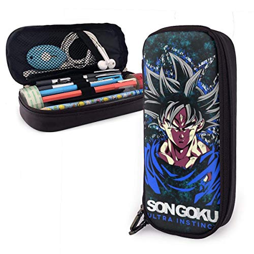 Dragon Ball Son Goku Estuche de piel ultra instinto de gran capacidad con cremallera de alta capacidad para lápices, estuche organizador de bolsa portátil