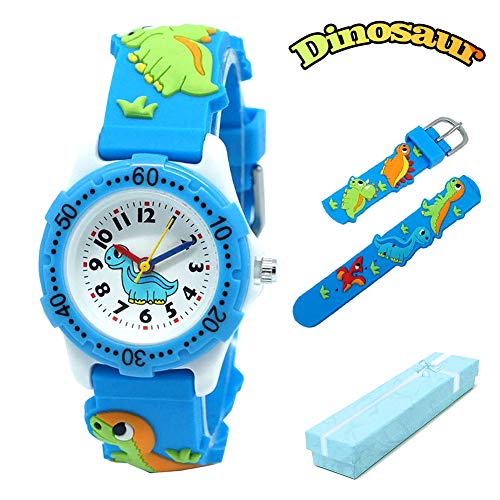 El Reloj de Niños de Vinmori, Reloj de Cuarzo con Dibujos Animados Bonitos de 3D a Prueba de Agua Regalo para Chicos Niños y Niñas Dinosaurio-Azul y Blanco