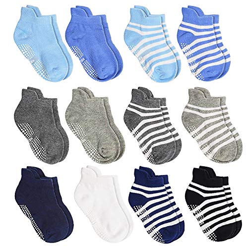 ELUTONG Calcetines antideslizantes para bebé, 12 pares, 1 – 7 años, recién nacidos, no Skip for Baby Boys Catoon Children Trainer divertidos calcetines Strip(12 Paare) 1-3 Años