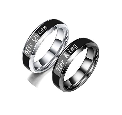 Epinki Anillo Parejas 2 Pc Cambio de Color Temperatura Anillo Grabado Her King&His Queen Plata Negro Anillos Compromiso Mujer y Talla Mujer 9,5 & Hombre 27