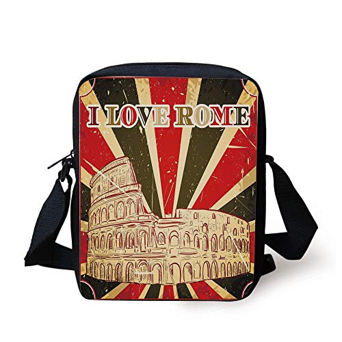 FAFANIQ Quote Decor,I Love Rome Lettering with Circus Tent and Bold Stripes Ancient,Red Dark Green and White Print Kids Crossbody Messenger Bag Purse