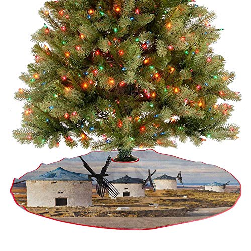 Falda de árbol de Navidad medieval España Molinos de viento en Consuegra Viejo Lugar Histórico Decoración de Navidad para Navidad Año Nuevo Fiesta Casa Azul Blanco Pálido Marrón 91,4 cm
