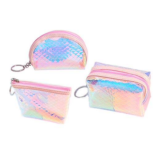 FENICAL Monedero holográfico de 3 Piezas Monederos TPU con patrón de Escamas de Pescado Brillante Bolsa con Cremallera para Tarjetas bancarias Dinero - Semicírculo + Trapezoidal + Cuadrado (Rosa)