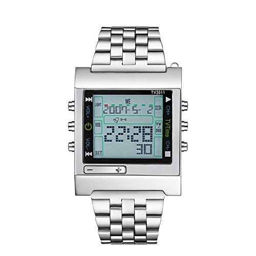FENKOO - Reloj deportivo digital para hombre, con mando a distancia, correa de acero inoxidable, color plateado