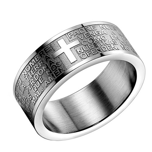 Flongo Anillo de Hombre Mujer, Anillo de Compromiso, Anillo Cruz Grabado Padre Nuestro, Oración Española, Clásico Anillo de Hombre Plateado, Regalo Original Anillo de Boda,Talla 30 española