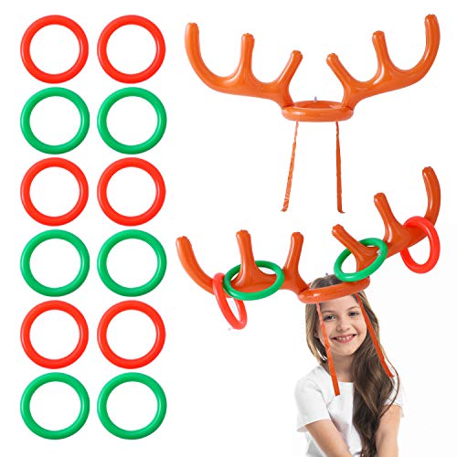 FORMIZON 2 Sombrero de Asta de Navidad, Juego de Astas de Reno Inflable con Lanzamiento de Anillo de Reno de 12 Anillos para la Navidad, Familia Niños Juegos de Fiesta de Navidad