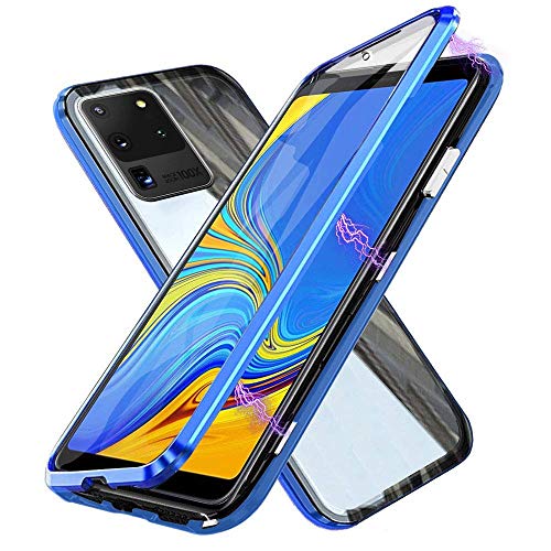Funda para Samsung Galaxy S20 5G, Adsorción Magnética Cubierta Vidrio Templado Frontal y Posterior Flip Case Marco Metal Bumper Funda Anti Choque Protección 360 Grados Carcasa, Azul