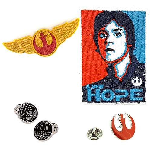 Gemelolandia | Pack para Regalo Star Wars Incluye Gemelos, Parches Bordados Termoadhesivos, Pins y Llaveros | Muy Adherentes | Regalos Para Bodas, Comuniones, Bautizos y Otros Eventos