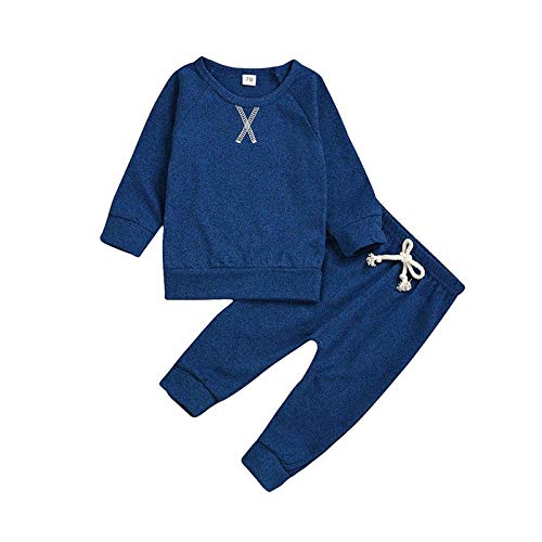 GHQYP Conjunto de Ropa para Bebé Recién Nacido (niño o niña), Tops de Manga Larga Lisa para Otoño e Invierno, Pantalones Elásticos, Pijamas para el Hogar, Conjunto de Trajes,Blue,0-6