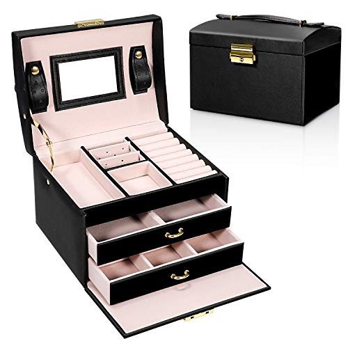 Gifort Caja Joyero, Caja para Joyas con Espejo y Cajones Estuche de Joyas con Cerradura para Pendientes, Collares, Pulseras, Relojes