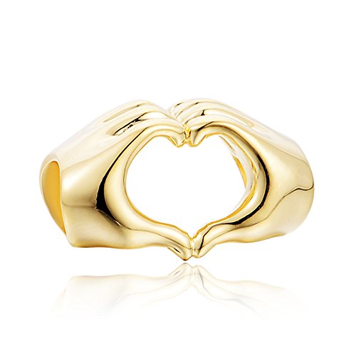 Golden Charms – colgante de manos con corazón – para pulseras y collares- plata bañada en oro de 18, encaja en pulseras Pandora, Chamilia, Trollbeads