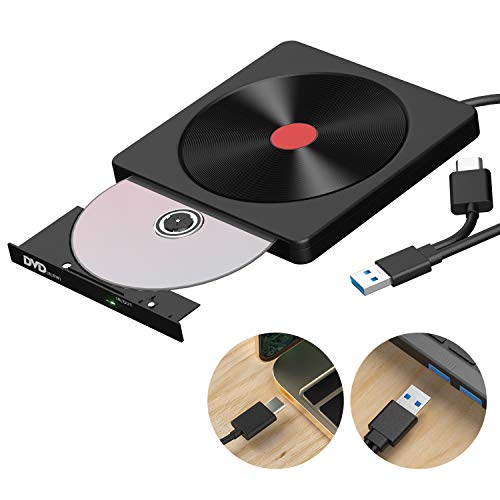 Grabadora CD/DVD Externa, USB 3.0 Tipo C de Doble Puerto, Unidades de CD Externas Alta Velocidad, Lector/Quemador/Re - AMIGIK Quemador de CD/DVD +/-RW/ROM para PC portátil Windows, Linux, MacOS, Vista