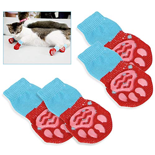 Gresunny 4 Piezas Calcetines para Perros Antideslizantes Protectores de Patas para Uso en Interior y Control de tracción con Refuerzo de Goma Botas para Mascotas Perro Gatos Rojo