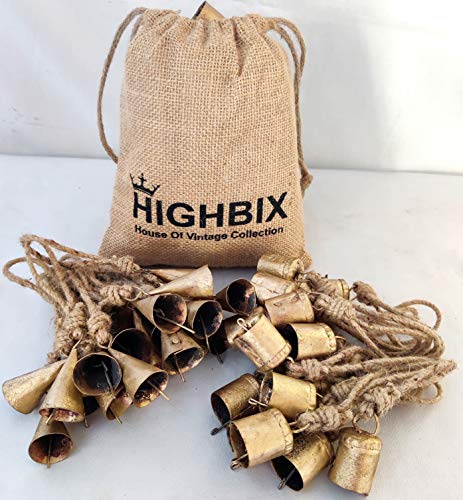 HIGHBIX Campanas de vaca de hojalata rústicas de 4 cm con forma de cono de la suerte, juego de 30 campanas hechas a mano para decoración de Navidad con cuerda y bolsa de yute