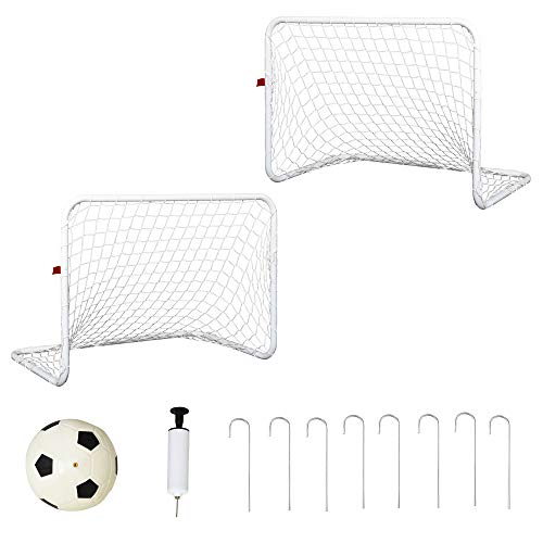 HOMCOM Set de 2 Porterías de Fútbol con Red y Balón para Niños y Adultos Juguete Deportivo para Exterior Jardín Hierro Q195 y Poliéster 78x46x56 cm Blanco