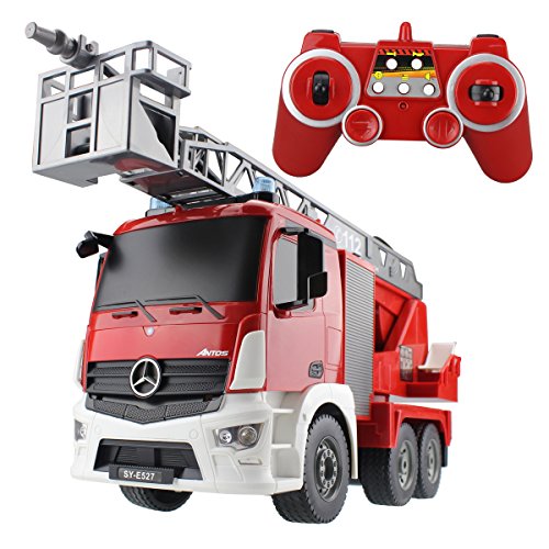 Hugine RC Fire Truck Autorizado por Mercedes-Benz Antos 2.4G 9 Canales de Control Remoto para niños Escalera aérea Fire Engine Truck con Luces y Sonidos de Juguetes