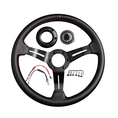 ihreesy Volante universal de cuero de 14 pulgadas, volante deportivo estilo 6 pernos, volante de rally profundo con perilla de bocina y cubierta de volante de carreras