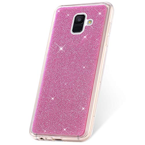 JAWSEU Funda Glitter Compatible con Samsung Galaxy A6 2018 Bling Brillante Brillo Suave TPU Silicona Gel Parachoques Funda Ultra-Delgado Goma Transparente Protectora Carcasa,Rosa Roja