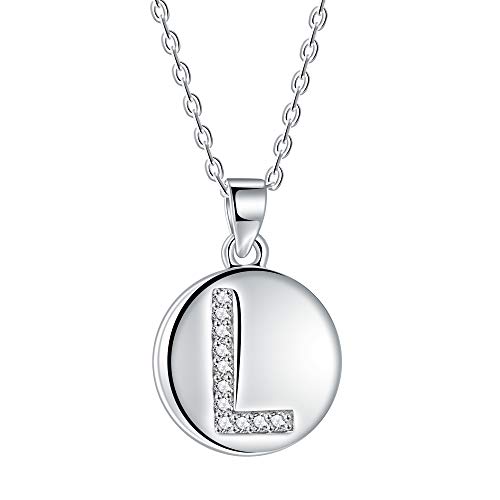 J.Endéar Letra Inicial L Collar Plata de Ley 925 Disco Zirconia Letra Colgante para Mujer Joyería Personalizada, Longitud de Cadena 40 + 5cm