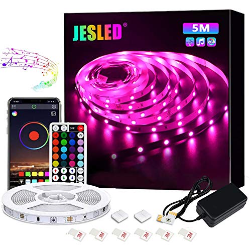 JESLED Tiras LED 5M, Sincronización de música Bluetooth, control de aplicaciones, Remoto de 44 Botones, 5050 RGB LED Strip, para Habitacion, Hogar, Bar, Fiesta, Restaurante