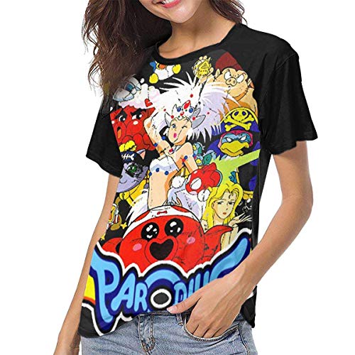 JEWold Parodius Manga Corta de béisbol para Mujer Camisetas raglán Negras Camisetas para Mujeres