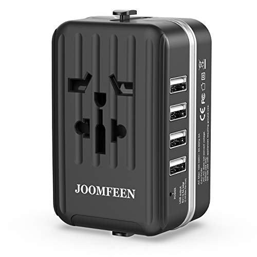 JOOMFEEN Adaptador Enchufe Universal, Adaptador De Viaje Internacional con 4 Puertos USB para Ingles/EEUU/Irlanda/Inglaterra/Chino/Americano/Europeo/Japon/Canada USA EU UK AU De 150 Países(Negro)