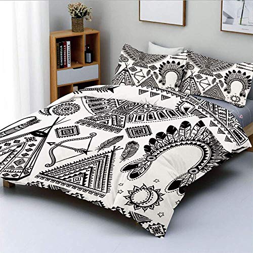 Juego de funda nórdica, banda para la cabeza de plumas de indios americanos Tienda de tipis étnicas Arco y flecha Lámina decorativa Juego de cama de 3 piezas con 2 fundas de almohada, blanco y negro,