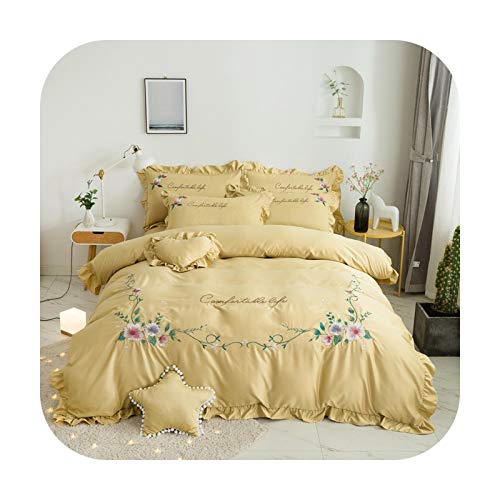 Juego de ropa de cama para niña, bordado de flores de seda lavada, doble volantes, juego de ropa de cama, sábana bajera, funda de almohada textil, 3 unidades