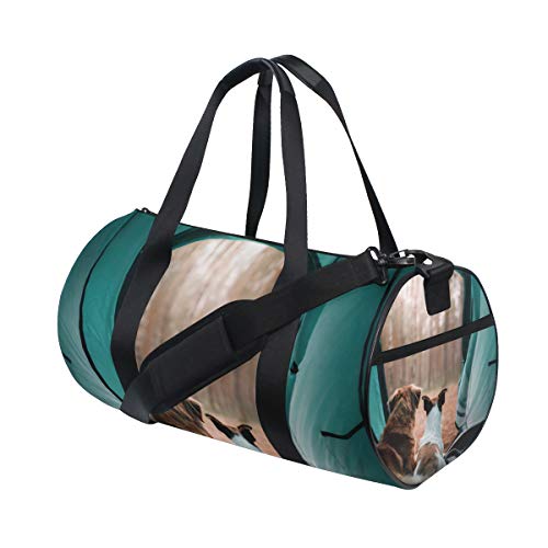 KISSENSU Gym Bag,Bolsa de Deporte Two Dogs Tent Forest Travel Pet,Nuevo Cubo con Estampado de Lienzo Bolsa de Deporte Bolsas de Fitness Bolsa de Viaje de Lona