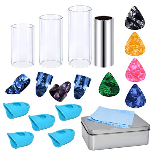 Kit de Accesorios de Guitarra,Xiuyer 4 Slides de Guitarra en Vidrio & Metal 5 Guitar Picks 4 Púas de Pulgar y Dedo 5 Protector de Dedos in Silicona 1 Paño de Limpieza con Storage Caja