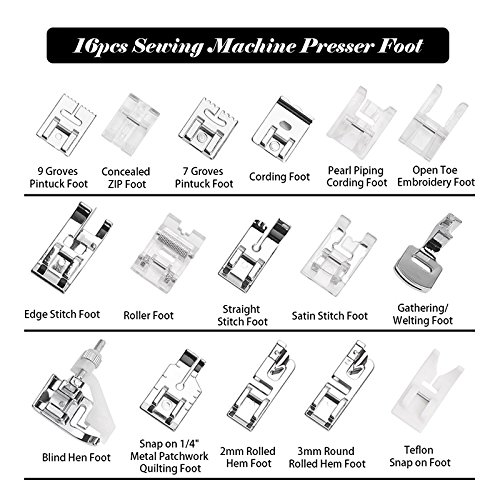 Kit de prensatelas para máquina de coser doméstica, SUNASQ Kit de 16 Piezas Multifuncional Prensatelas Accesorios para Máquina de Coser Presser Feet Compatible Para Máquinas de coser Brother, Singer.
