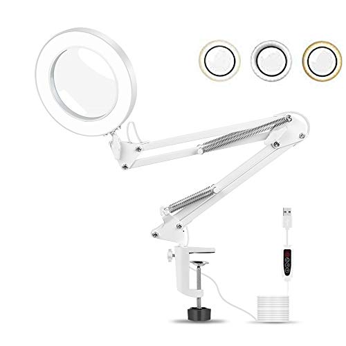 Lampara Lupa,NEWACALOX Lámpara de Aumento LED Ampliación 5X con Brazo Oscilante de Metal,3 Modos de Color, Lente de Vidrio de 105 mm de DiáMetro, Abrazadera Ajustable Lampara Escritorio